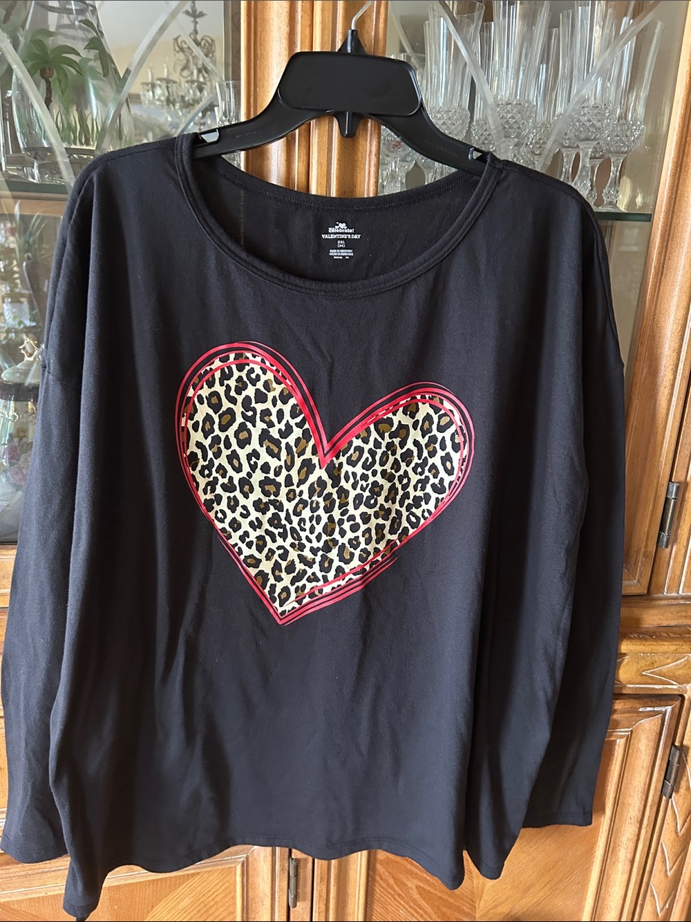 Celebrate It Black Long Sleeve Tee with Leopard Heart and Red Outline